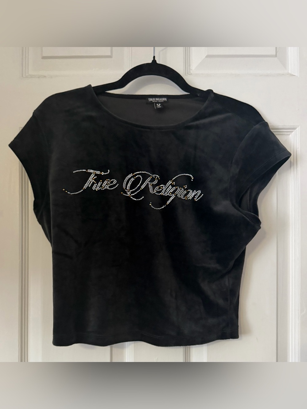 True Religion Velour Rhinestone Logo Baby Tee Black Y2K L